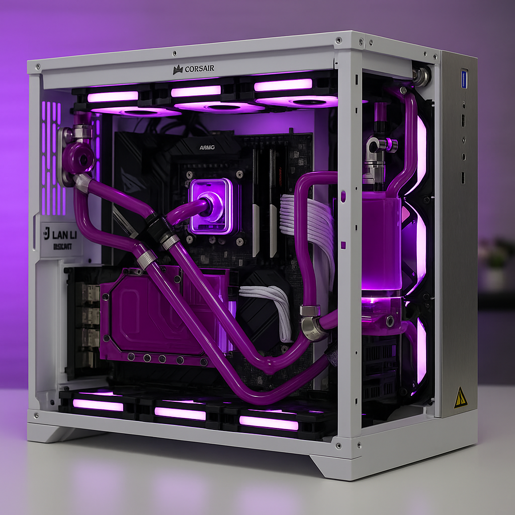 Modern gaming PC with transparent side panel and purple LED lights